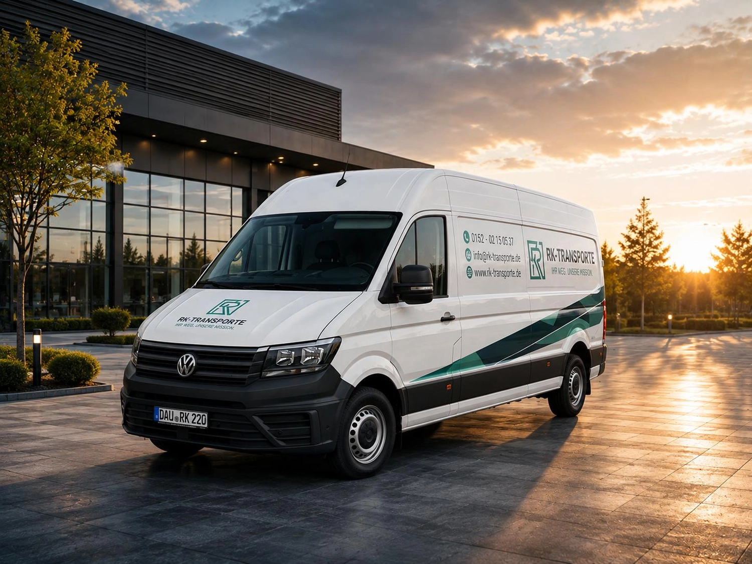 RK-TRANSPORTE – Transport- und Logistikdienstleistungen – Weißer Volkswagen Lieferwagen, geparkt auf Schotter neben einer Wiese.