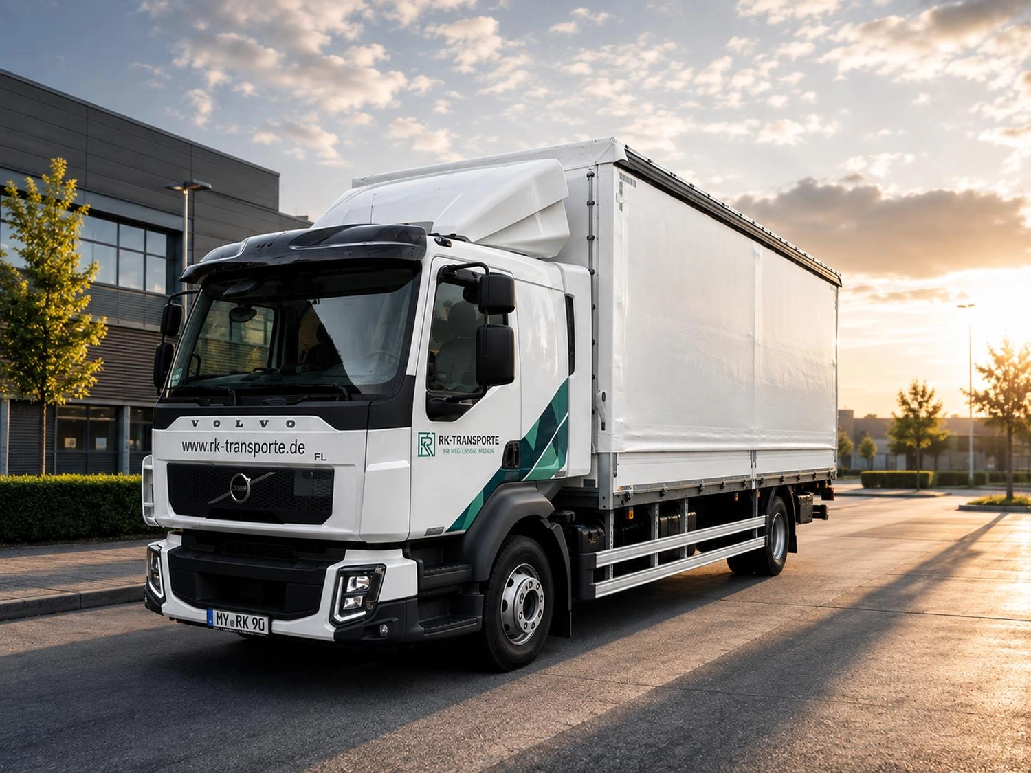 RK-TRANSPORTE – Transport- und Logistikdienstleistungen – Ein weißer Volvo-Lieferwagen und ein Volkswagen-Transporter parken neben einem modernen Gebäude.