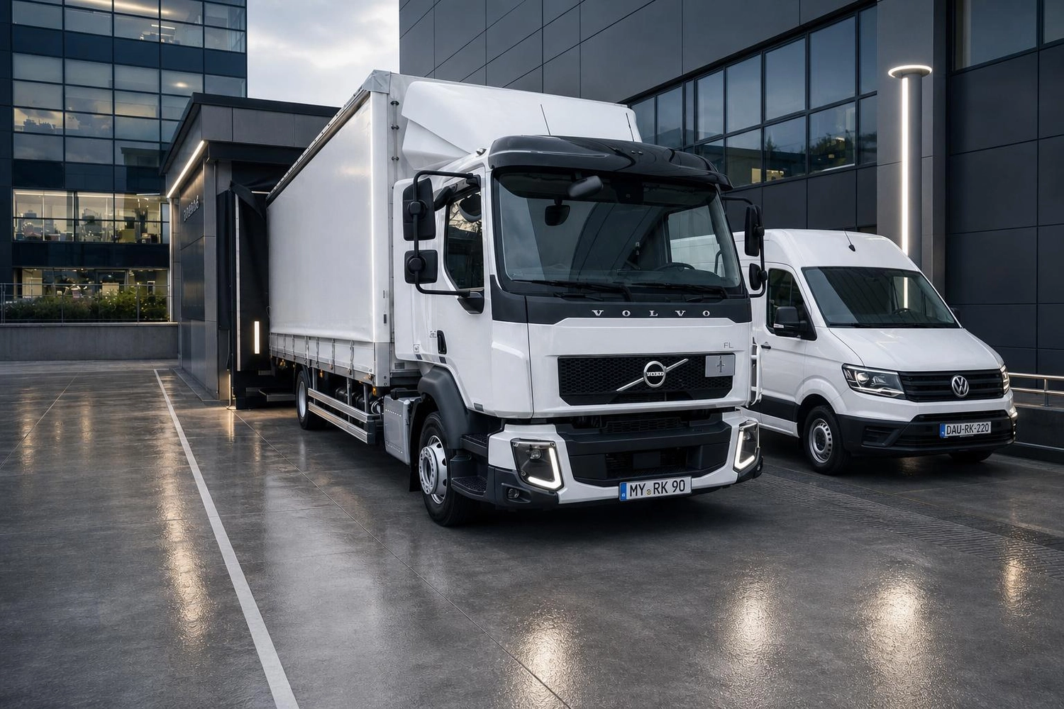 RK-TRANSPORTE – Transport- und Logistikdienstleistungen – Ein weißer Volvo-Lieferwagen und ein Volkswagen-Transporter parken neben einem modernen Gebäude.